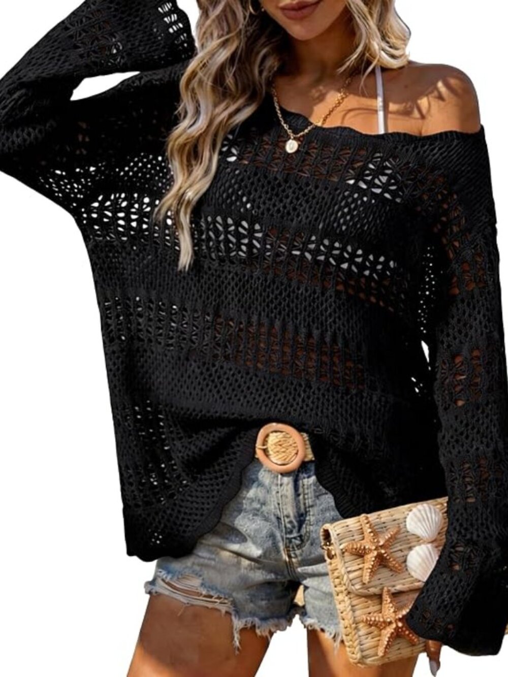 Women's Long Sleeve Sweaters Knit Summer Crochet Beach Cover Up Top XL